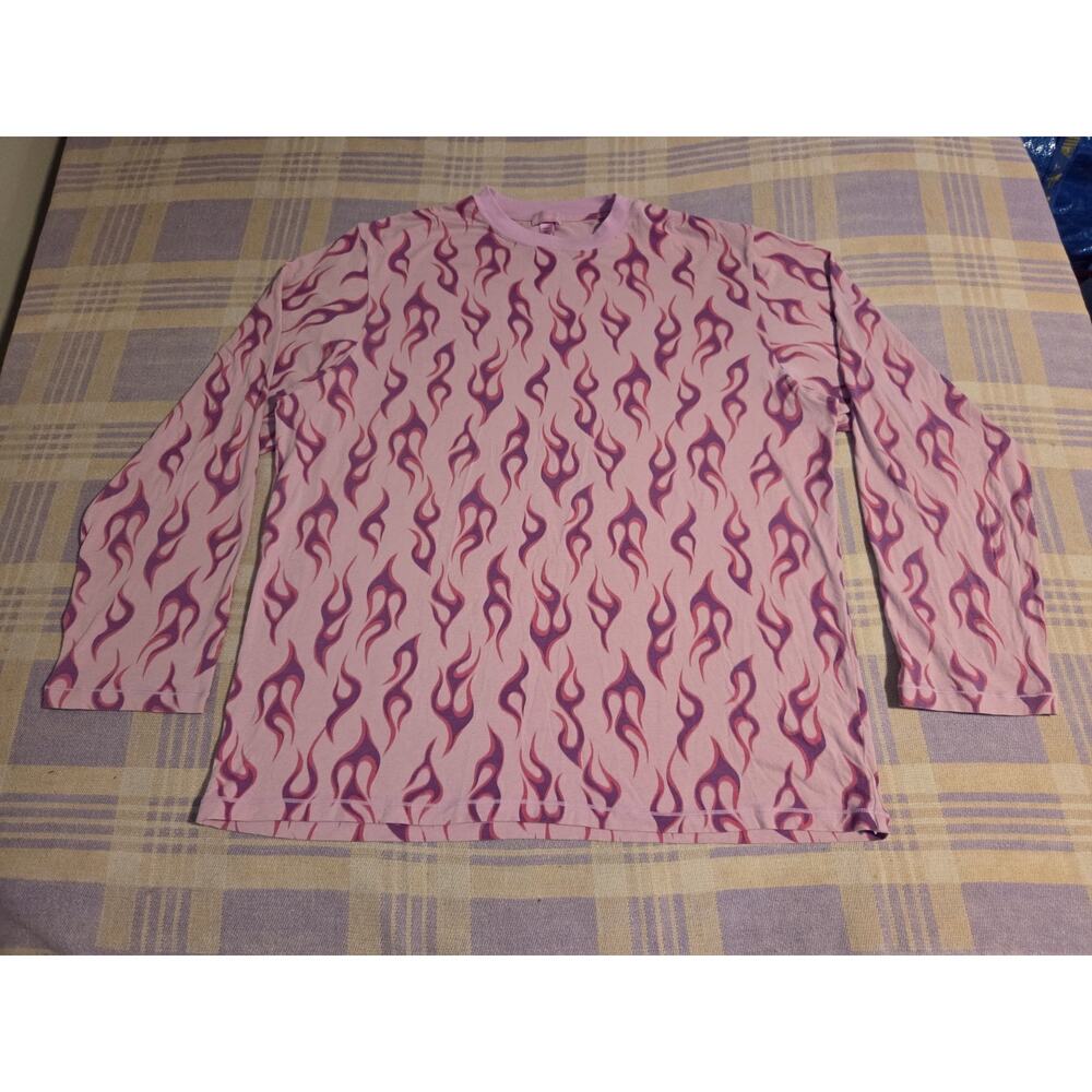 SKIMS Boyfriend Long Sleeve T Shirt Pink Flames Fire All Over Pajama Top XL